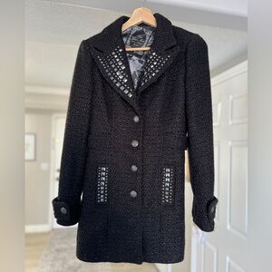 Guess Jeans Black Tweed Coat with Studded Details